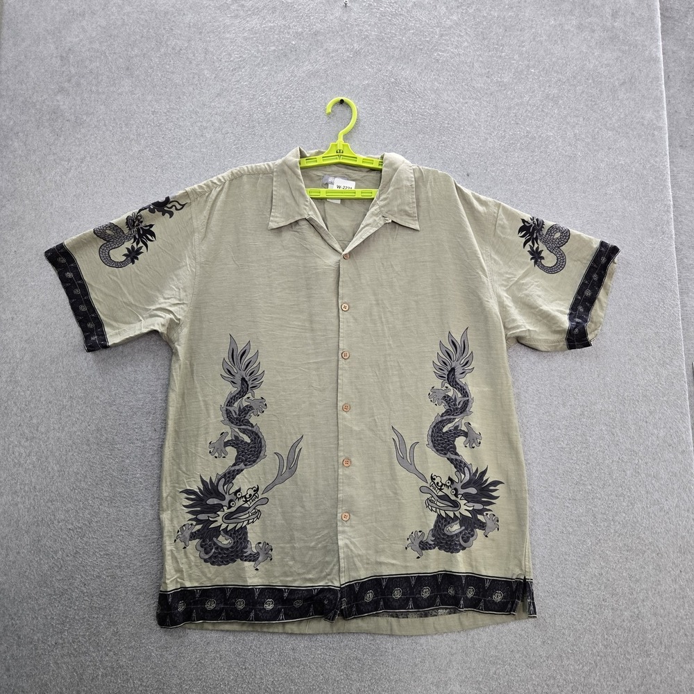 Utility Men‎ Button Up Shirt L Beige Graphic Dragon Hawaiian Shirt